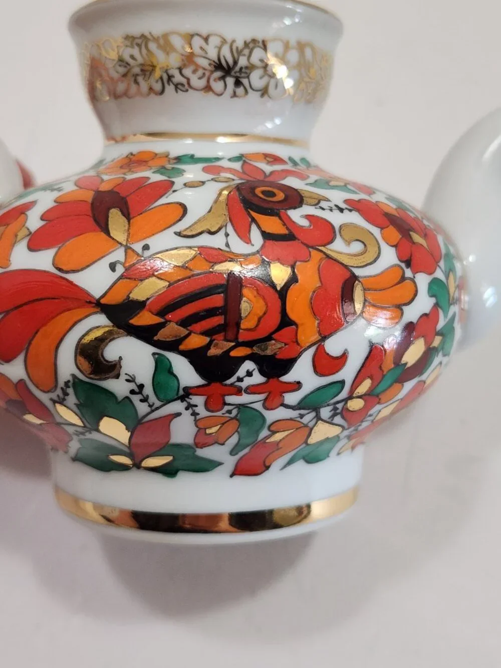 Vintage Lomonosov LFZ USSR Porcelain Red Rooster Teapot Malysh Shape Hand Painte